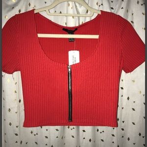 Red ribbed crop top with zipper detail